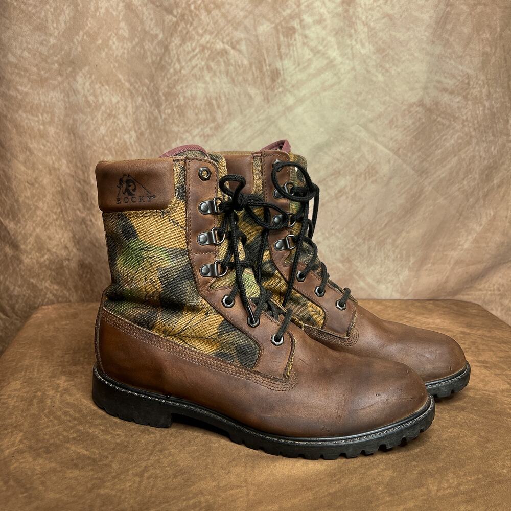 Rocky Boots Leather Camouflage Lace Up Work Boots Brown Woodland Men's 9M Camo